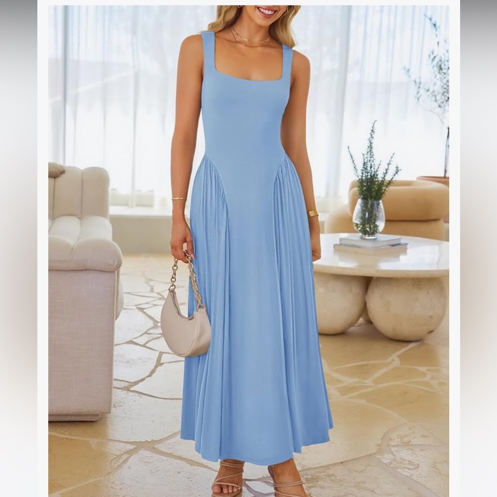 Blue Pleated Sleeveless Maxi Dress